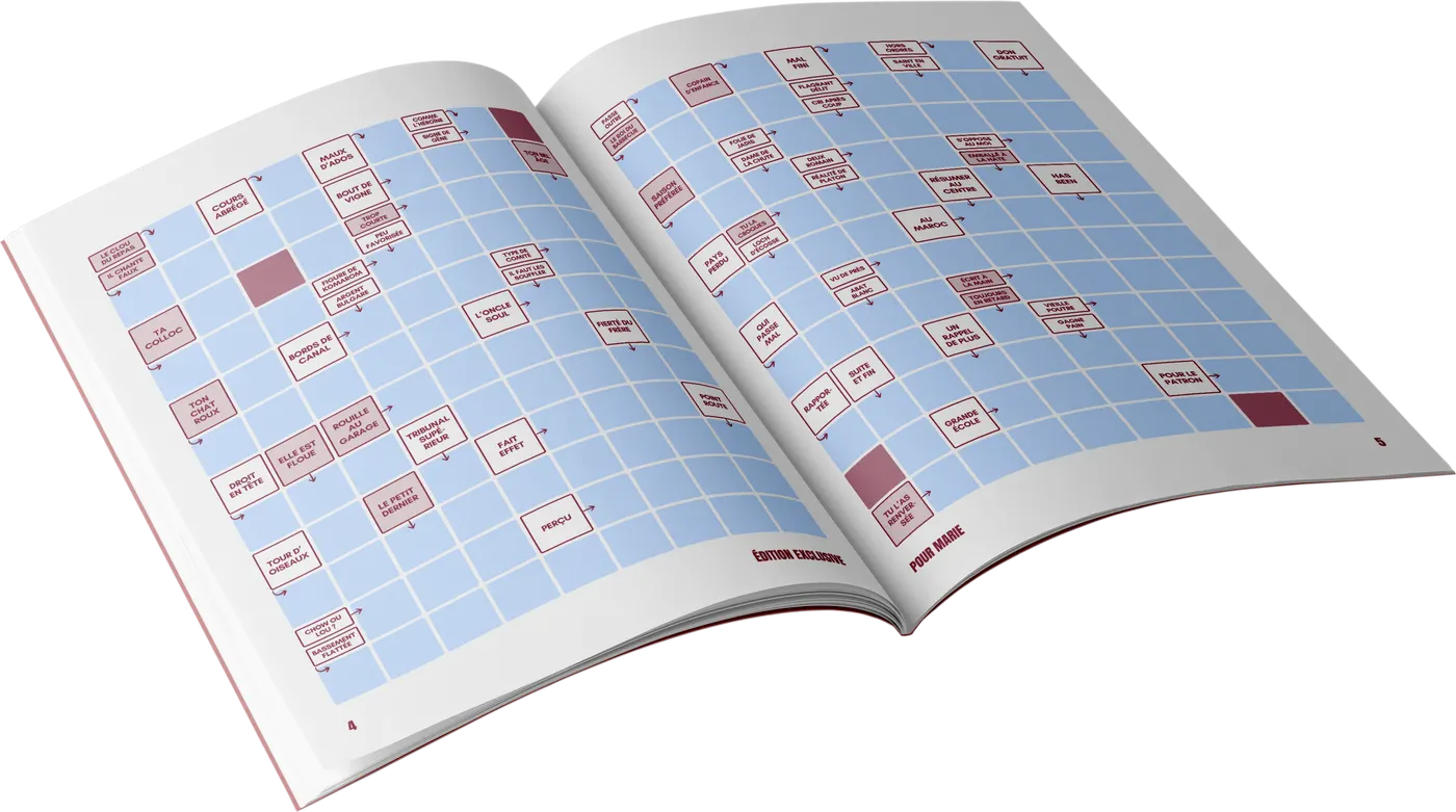 Magazine de mots fléchés ouvert sur deux pages de grilles bleues avec leurs définitions dans des cases bordeaux